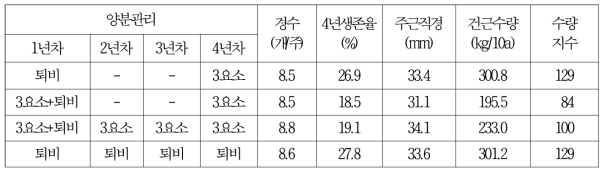 양분관리에 따른 4년근 생육 및 수량 (경북도원. 2004)