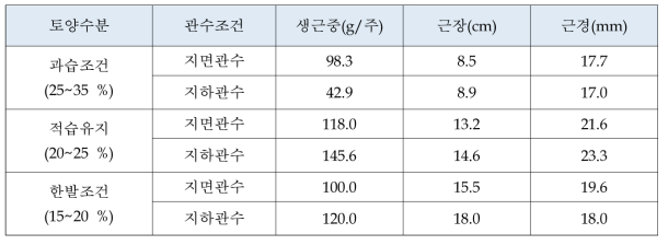 토양수분과 관수조건에 따른 뿌리 생육 특성 변화 (박 등. 1997)