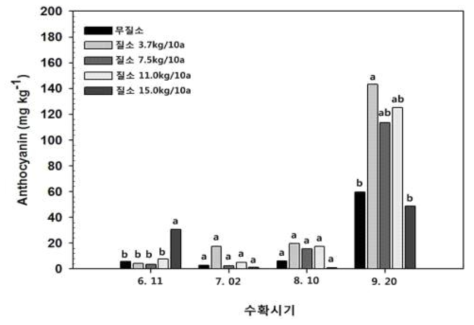 질소비료 웃거름시용량 별 안토시아닌 함량 (서. 2013)