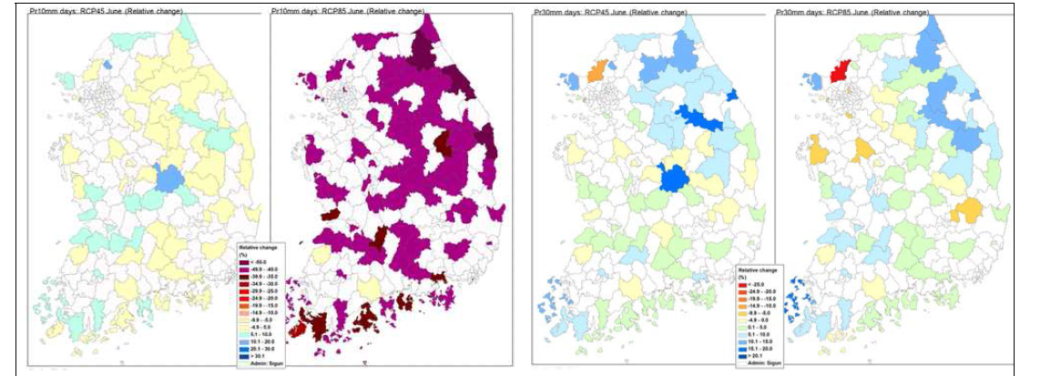 RCP4.5와 RCP8.5 상세 미래 기후변화 시나리오의 2021-2050년 동안 파종 후 약 1개월 동안 강수 10mm 및 30mm 이상 발생할 수 있는 가능성