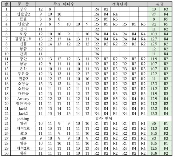 주경 마디수, 생육단계 측정(8월 7일)