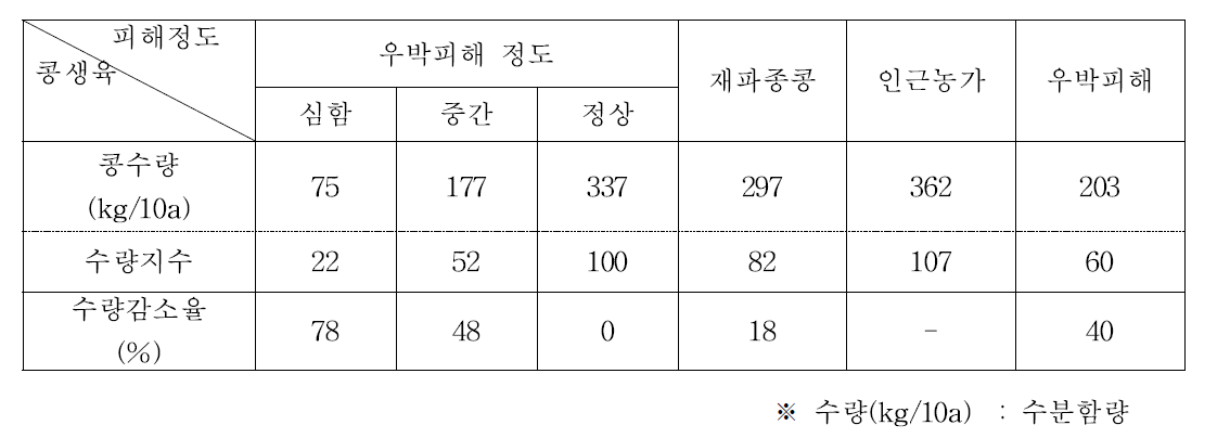 피해 농가의 재파종 콩과 미피해 인근 농가의 콩 수량