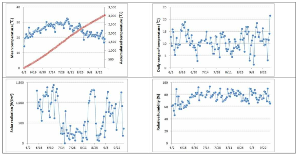 콩 재배기간 온도 및 일사량, 상대습도의 변화 양상