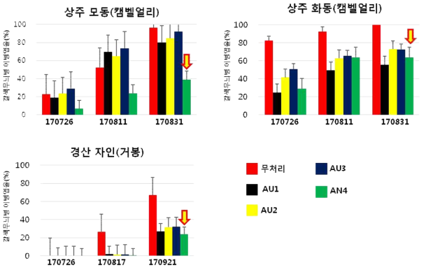 호주 수출용 포도 방제력 실험 후 조사된 갈색무늬병 이병엽율