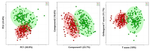 (LC-MS) 예비 판별 성분(lysoPLs) 기반의 한국 쌀, 중국 쌀 판별을 위한 PCA, PLS-DA, OPLS-DA 플롯