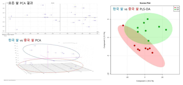 쌀의 NIR 분석 결과를 토대로 제작한 PCA, PLS-DA 플롯