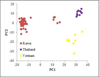 VNIR 초분광 영상 이용 국내산과 태국산, 베트남산 쌀의 PCA-LDA 판별 결과