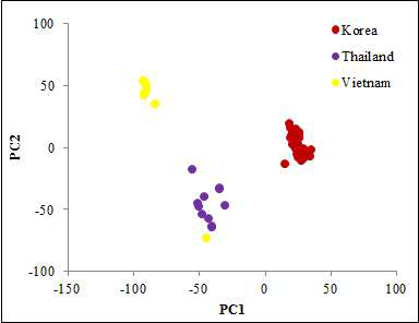 NIR 초분광 영상 이용 국내산과 태국산, 베트남산 쌀의 PCA-LDA 판별 결과