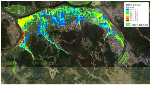 2009년 호우사상에 대한 침수면적 예측결과와 실제 침수흔적도 비교결과