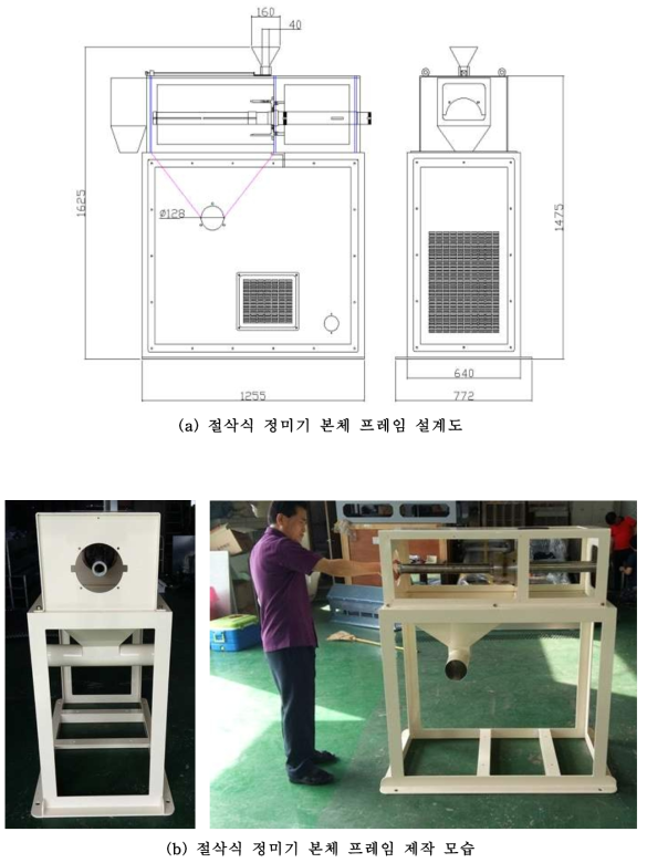 절삭식 정미기 설계도 및 본체 프레임 제작 모습