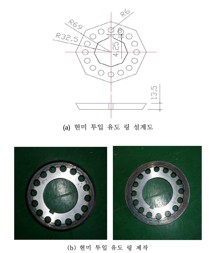 현미 투입 유도 링의 설계도 및 제작 모습