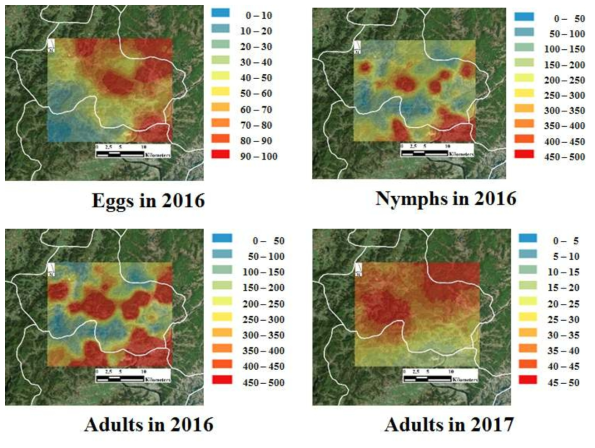 갈색날개매미충의 발생 분포 지도(2016년 발육단계별, 2017년 성충)