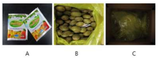 Photos of ethylene generator used in our experiment (A) and cardboard boxes for kiwi fruit packaged with polyethylene film (B, C)