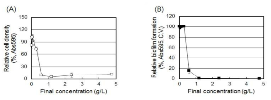 감초 추출 분말 (분무 건조, Dextrin 40%)이 S. mutans 생장 (A) 및 바이오필름 형성 (B)에 미치는 영향