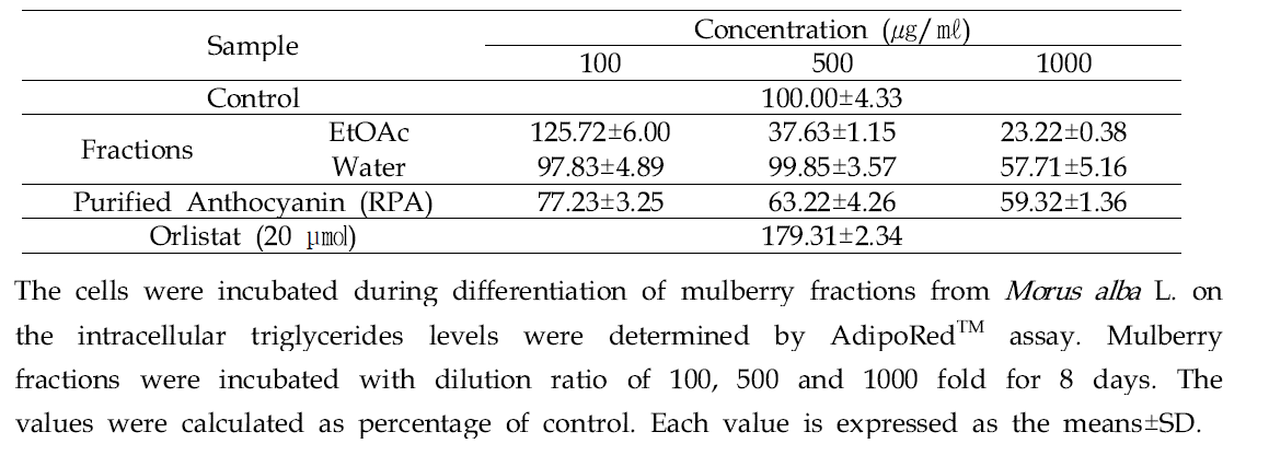 Inhibitory triglyceride content of flavonoid rich fraction from 50% ethanol leaf extracts from Morus alba L. on the lipid accumulation in 3T3-L1 adipocyte cells