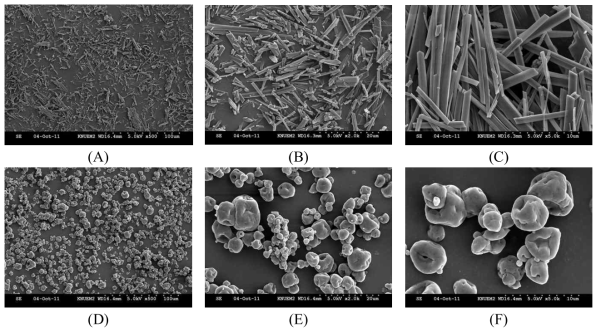 SEM micrograph of flavonoid rich fraction of mulberry leaf (MFRF) with magnifications of (A) 500× (B) 2000× (C) 5000×. and spray dried microencapsulated flavonoid rich fraction of mulberry leaf (FWM, MFRF : WPI ratio of 1 : 20) with magnifications of (D) 500× (E) 2000× (F) 5000×