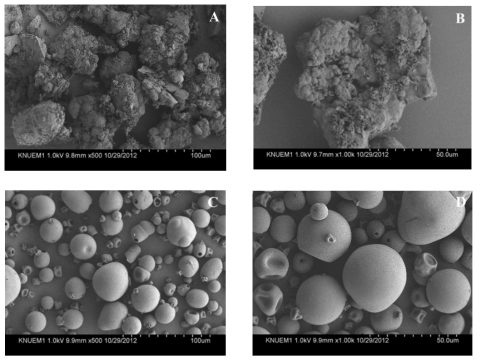 Scanning electron microscopic photographs of purified anthocyanin fraction of mulberry fruits (MPA) and AWM. (A) Cyanidin-3-glucoside, 500×, (B) Cyanidin-3-glucoside, 1000×, (C) AWM, 500×, (D) AWM, 1000×