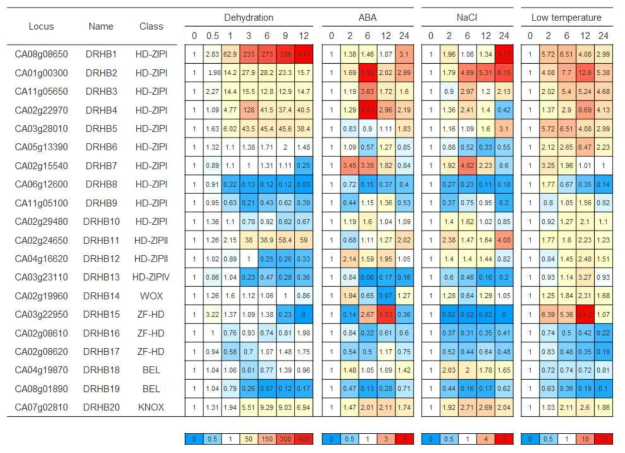 Expression analysis of pepper drought-responsive homeobox (DRHB) genes in response to dehydration, salinity, low-temperature, and ABA