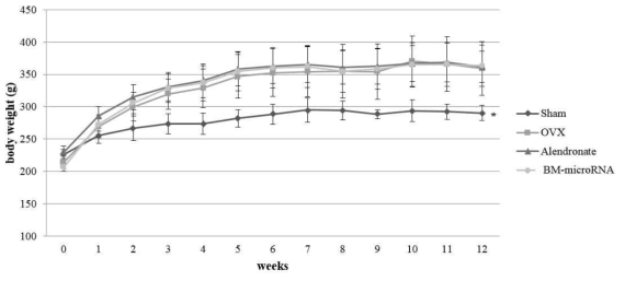 Changes in body weight with time in rats fed on diets with or without bovine milk-derived microRNA (BM-microRNA). Values are mean ± SE. No significant differences were found between groups except sham group. n=5 for each group