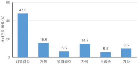 시설포도농가의 품종별 재배면적 비율 ※ 기타 : 대봉, 진옥, 흑보석, MBA 등