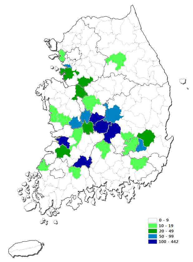 시설포도 시군 분포(2010년)