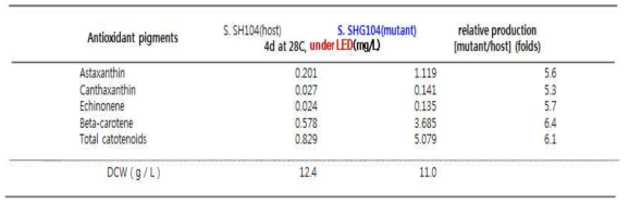 스키조키트리움 속 (Schizochytrium sp.) 모균주 SH104 와 변이균주 SHG104의 LED 조사하에서 카로티노이드 계열의 항산화색소 생산