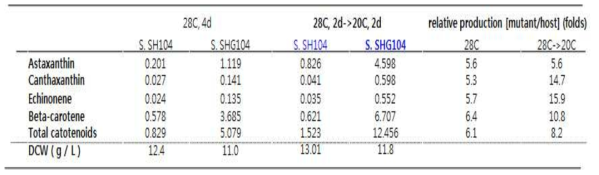 스키조키트리움 속 (Schizochytrium sp.) 모균주 SH104 와 변이균주 SHG104의 LED 조사하에서 온도shift에 의한 카로티노이드 계열의 항산화색소 생산