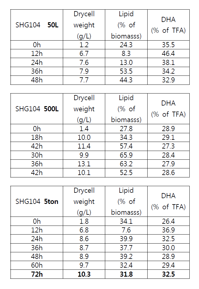 5 ton 회분식 발효 배양 공정에 의한 스키조키트리움 속(Schizochytrium sp.) 변이균주 S SHG104 균체 생산 및 오일, 오메가-3 오일 생산