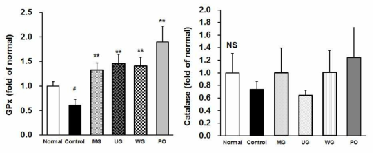 Effects of MG, UG, WG (150 mg/kg/day) and PO (5 mg/kg/day) on GPx and catalase protein expressions in liver of LPS-induced C57BL/6 mice. Values are mean±SD. #P < .05 compared with the normal group. **P < .01 compared with the control group. NS indicates no significant differences among experimental groups by student’s t-test. PO: Donepezil (5 mg/kg/day) was used as a positive control