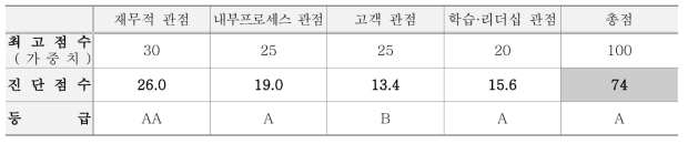 홍천사랑말 영농조합법인 경영진단 관점별 평가점수와 등급