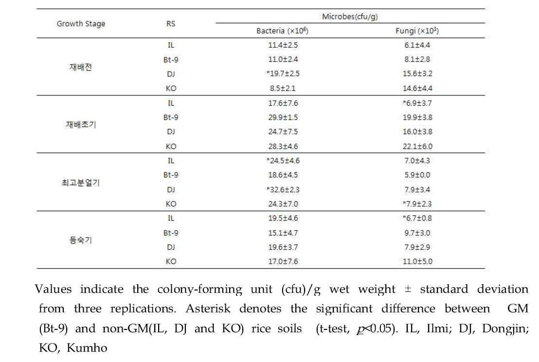 Number of microbes in the rhizosphere soil of GM and non-GM rice