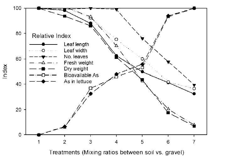 Changes of average leaf dry weight of the lettuce grown in soils mixed with different rates of arsenopyrite gravel