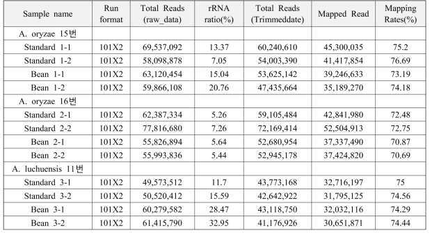 A. oryzae k15번, k16번 및 A. luchuensis k11번 Mapping Rates