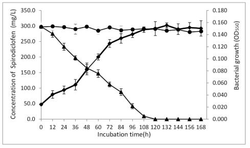 Bacterial growth and corresponding degradation of Spirodiclofen as a sole carbon source for Acinetobacter sp. 4-2-2. The error bars indicate standard deviations of the means (n = 3).◆ The optical density (OD) of culture; ▲ Spirodiclofen concentration in mineral salts basal medium; ●Spirodiclofen concentration in a noninoculated control