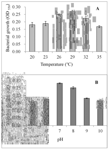 Effects of temperature (A) and pH (B) values on growth of Bacillus sp. M10-2 after 24 h incubation
