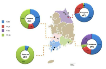 Sampling locations (filled circle) and genotypes frequencies of P. infestans population in South Korea by region from 2009 to 2016. The isolates number was shown under the region with bracket. Six isolates of the other regions, Gyeonggi and Jeju, were not included in this figure. The A2 mating type (KR2 genotype) was only found in the Gyeongnam province (open circle) cultivated in winter season