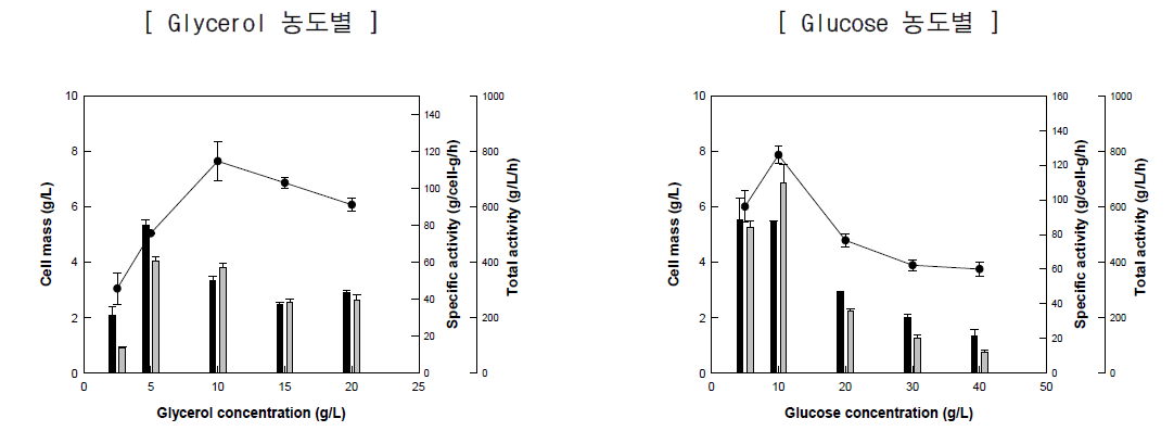 Glycerol 및 glucose 농도별 활성 비교