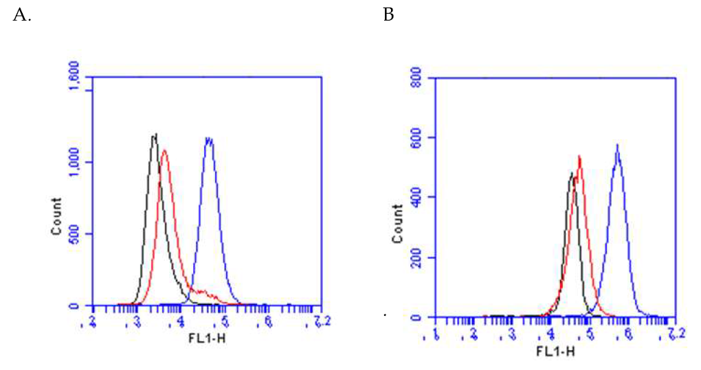 FACS를 이용한 형질전환 돼지 세포에서의 Gal-epitope 발현 분석 A: GT-/-; B: GT-MCP/-MCP