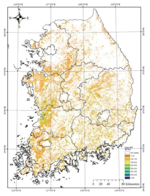 MODIS 영상과 CASA 모형을 이용한 2012년 벼 수량 추정결과(나상일 등, 2013)
