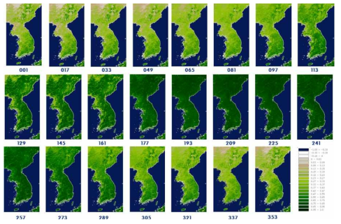 한반도 전역의 연간 MODIS 식생지수 변화