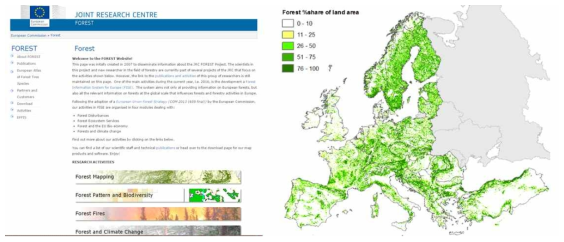 JRC Forest 웹페이지 메인 화면(좌)과 SPOT 기반의 유럽 산림지도(우)