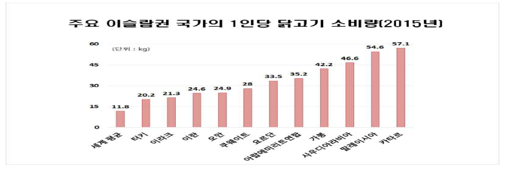 주요 이슬람권 국가의 1인당 닭고기 소비량(2015년)