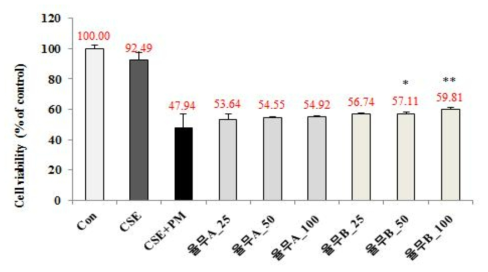 Beas-2B 세포에서 CSE/PM 자극에 대한 새싹율무 A와 B의 세포생존율에 미치는 효과