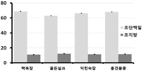 누에품종별 익힌 숙잠 분말(해머밀 분쇄물)의 조단백질 및 조지방 함량