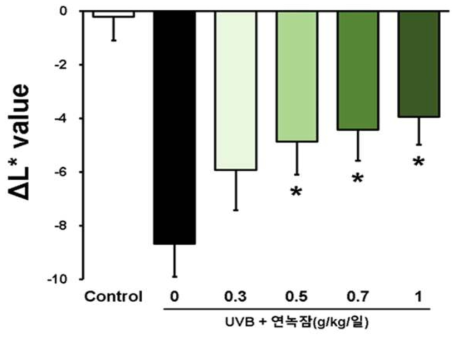 연녹잠 익힌 숙잠 시료의 용량별 피부 미백 활성 양상(*p<0.05 vs. UVB)