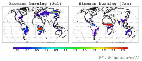 GEOS-Chem의 월별(좌: 7월, 우: 1월) 바이오매스 연소에 의한 이산화탄소 배출량