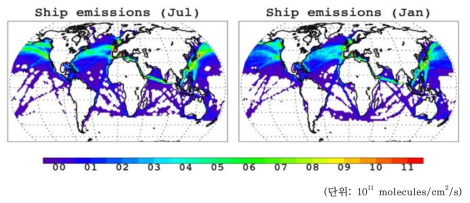 GEOS-Chem의 선박 수송에 의한 월별(좌: 7월, 우: 1월) 이산화탄소 배출량