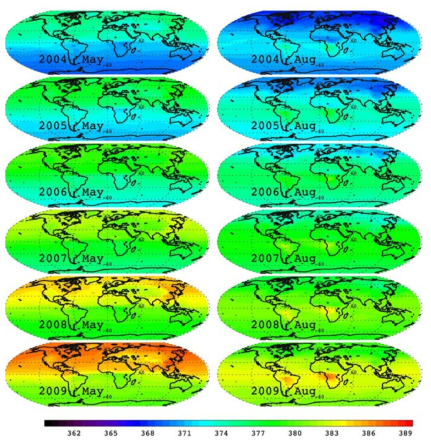 GEOS-Chem으로 모의한 이산화탄소 농도의 증가 경향(2004~2009년) 왼쪽은 5월, 오른쪽은 8월에 대한 모의 결과임 (컬럼 평균 농도(ppmv))