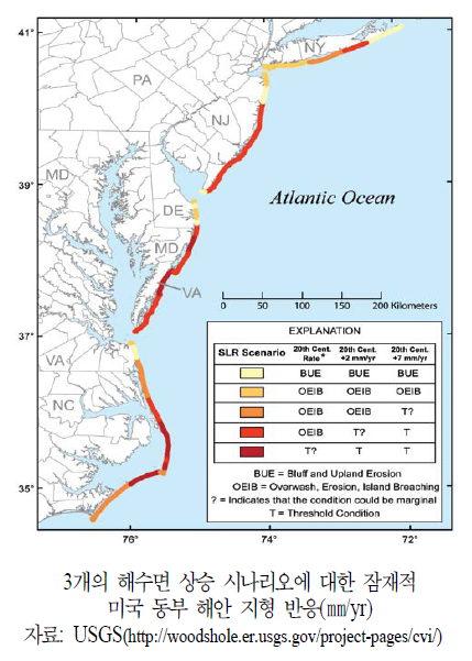 해수면 상승에 대한 미국 동부 연안 지형의 잠재적 반응