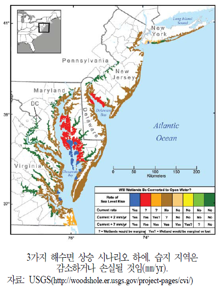 미국 동부 연안 지역의 잠재적 습지 잔존
